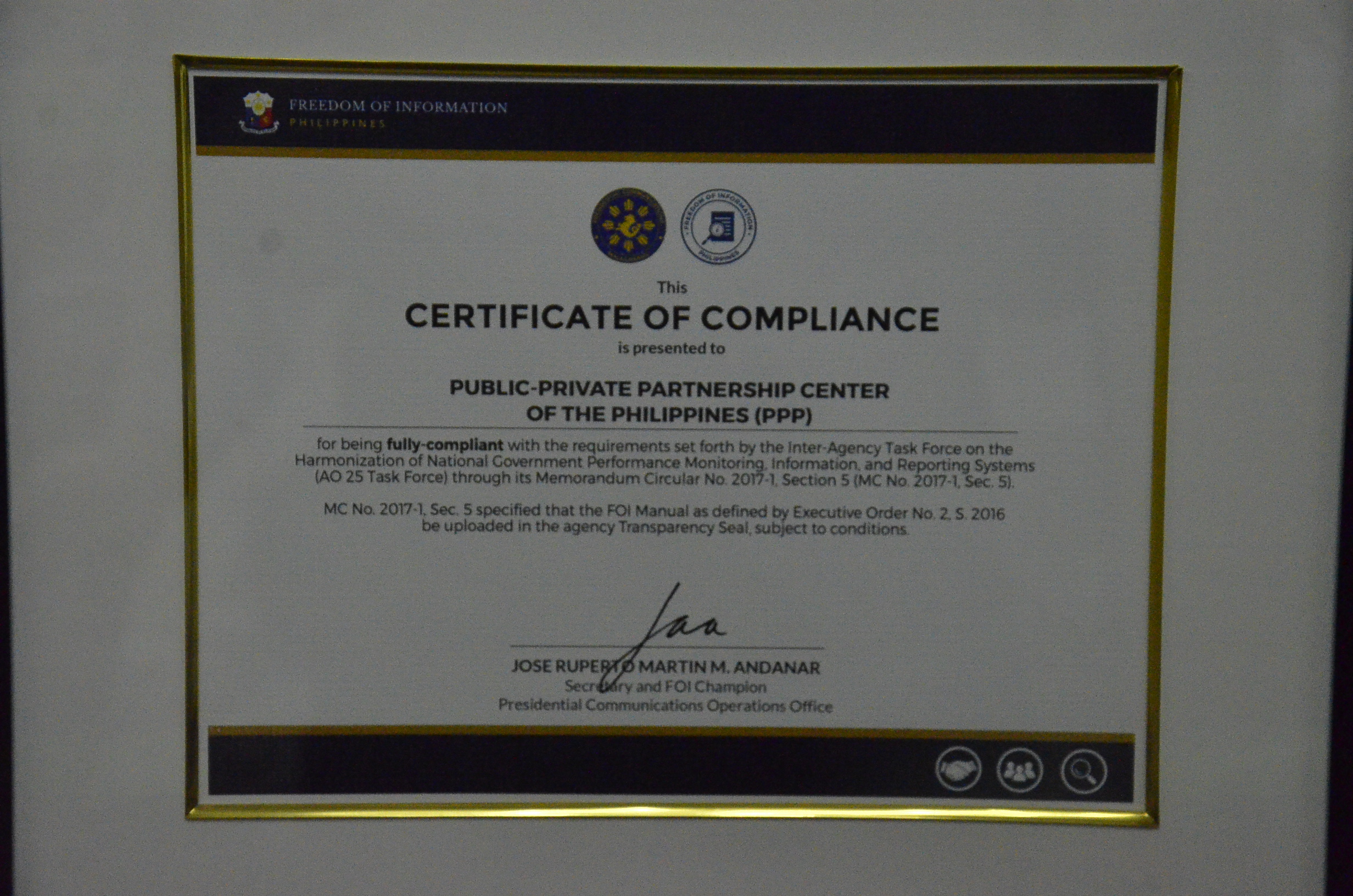 PPP Center Certificate of Compliance on FOI